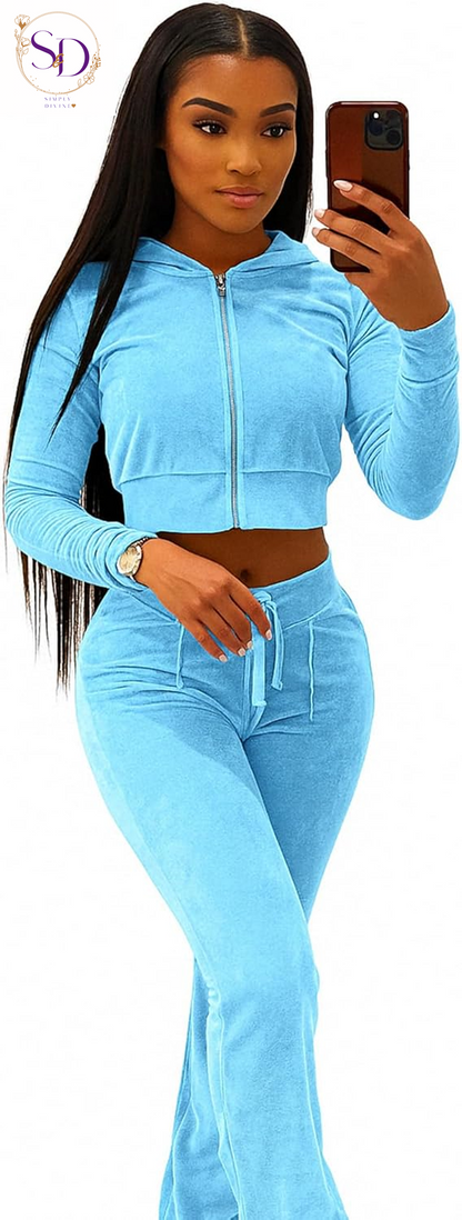 Yidengymx Women's Velour Tracksuit: Long Sleeve Hooded Zip Crop Top and Flared Pants Set