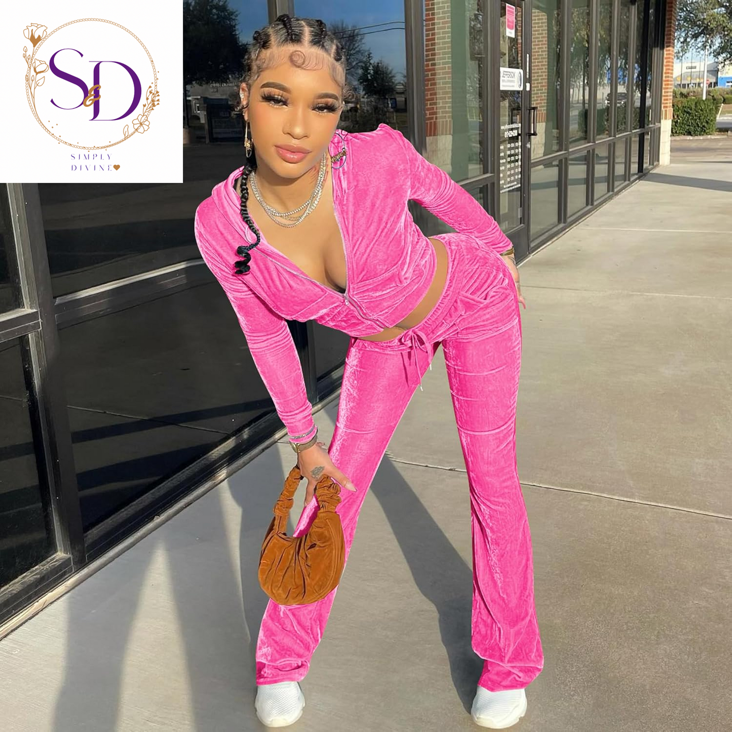 Yidengymx Women's Velour Tracksuit: Long Sleeve Hooded Zip Crop Top and Flared Pants Set