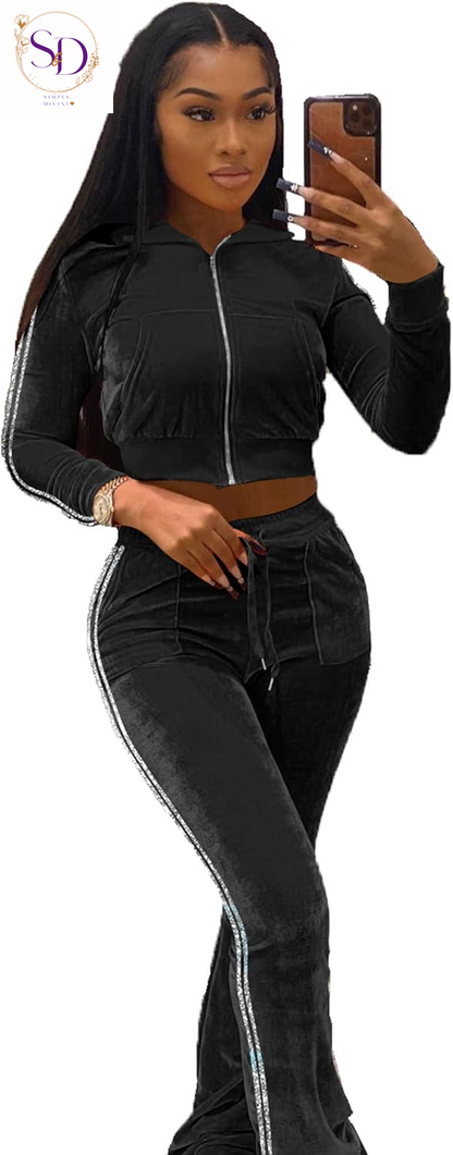 Yidengymx Women's Velour Tracksuit: Long Sleeve Hooded Zip Crop Top and Flared Pants Set