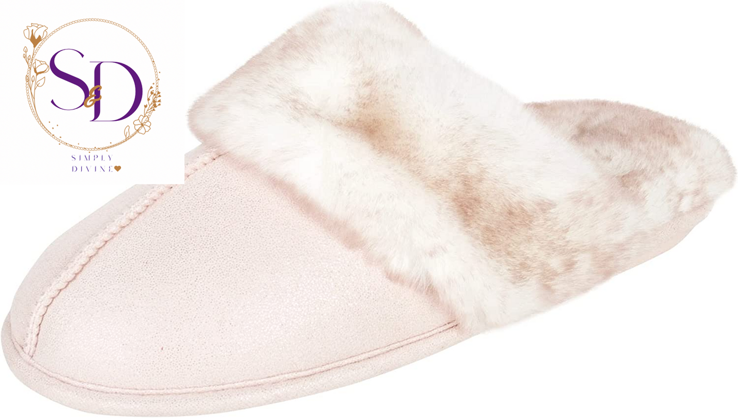 Jessica Simpson Women's Faux Fur Memory Foam House Slippers with Anti-Skid Sole