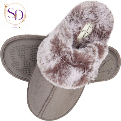 Jessica Simpson Women's Faux Fur Memory Foam House Slippers with Anti-Skid Sole