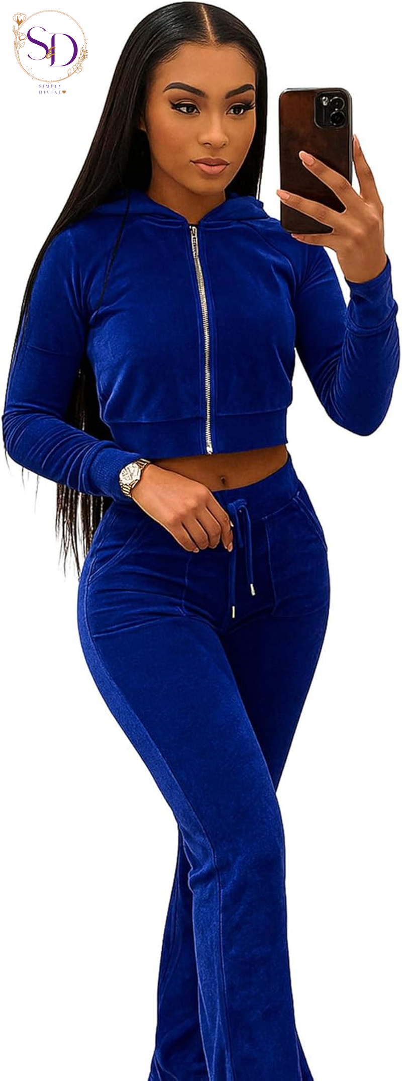 Yidengymx Women's Velour Tracksuit: Long Sleeve Hooded Zip Crop Top and Flared Pants Set