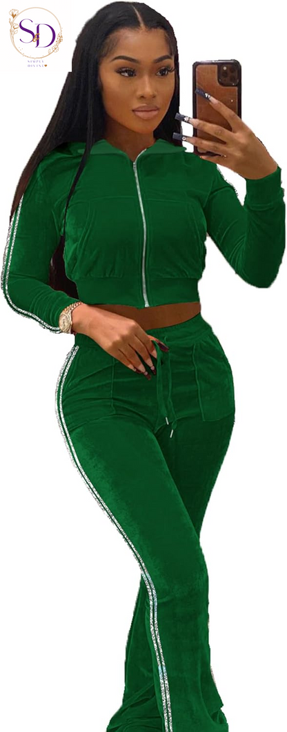 Yidengymx Women's Velour Tracksuit: Long Sleeve Hooded Zip Crop Top and Flared Pants Set