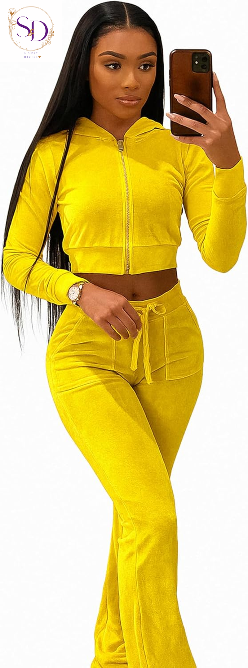 Yidengymx Women's Velour Tracksuit: Long Sleeve Hooded Zip Crop Top and Flared Pants Set