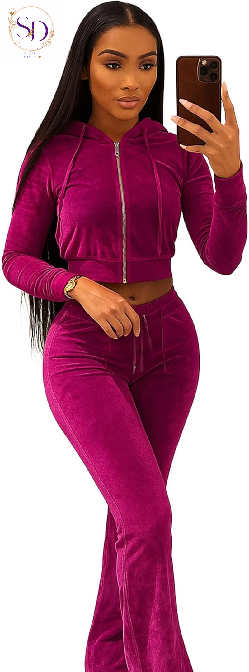 Yidengymx Women's Velour Tracksuit: Long Sleeve Hooded Zip Crop Top and Flared Pants Set