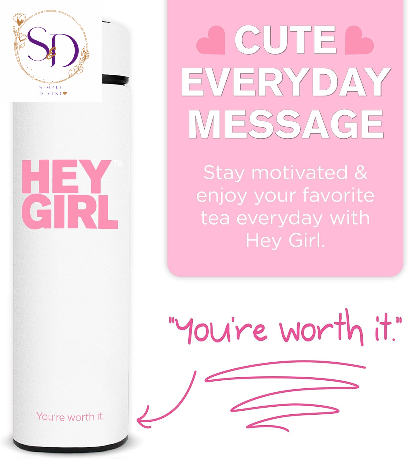 Hey Girl Tea Infuser Bottle 450Ml - Insulated Stainless Steel Water Bottle - Tea Tumbler with Tea Diffuser - Portable Travel Mug for Loose Leaf Tea & Infused Water - Tea Lovers Gifts for Women