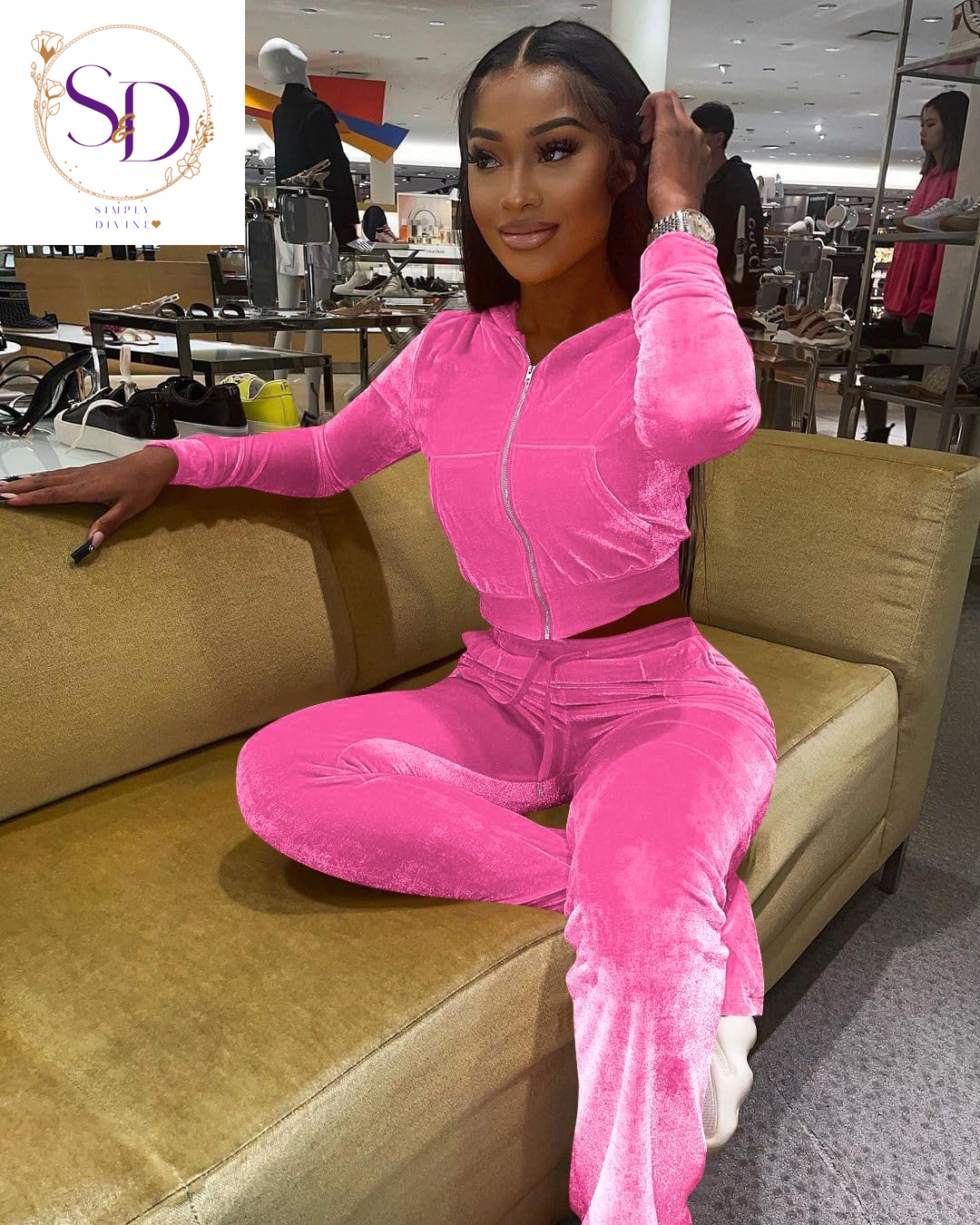 Yidengymx Women's Velour Tracksuit: Long Sleeve Hooded Zip Crop Top and Flared Pants Set