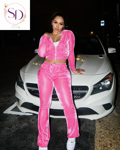 Yidengymx Women's Velour Tracksuit: Long Sleeve Hooded Zip Crop Top and Flared Pants Set