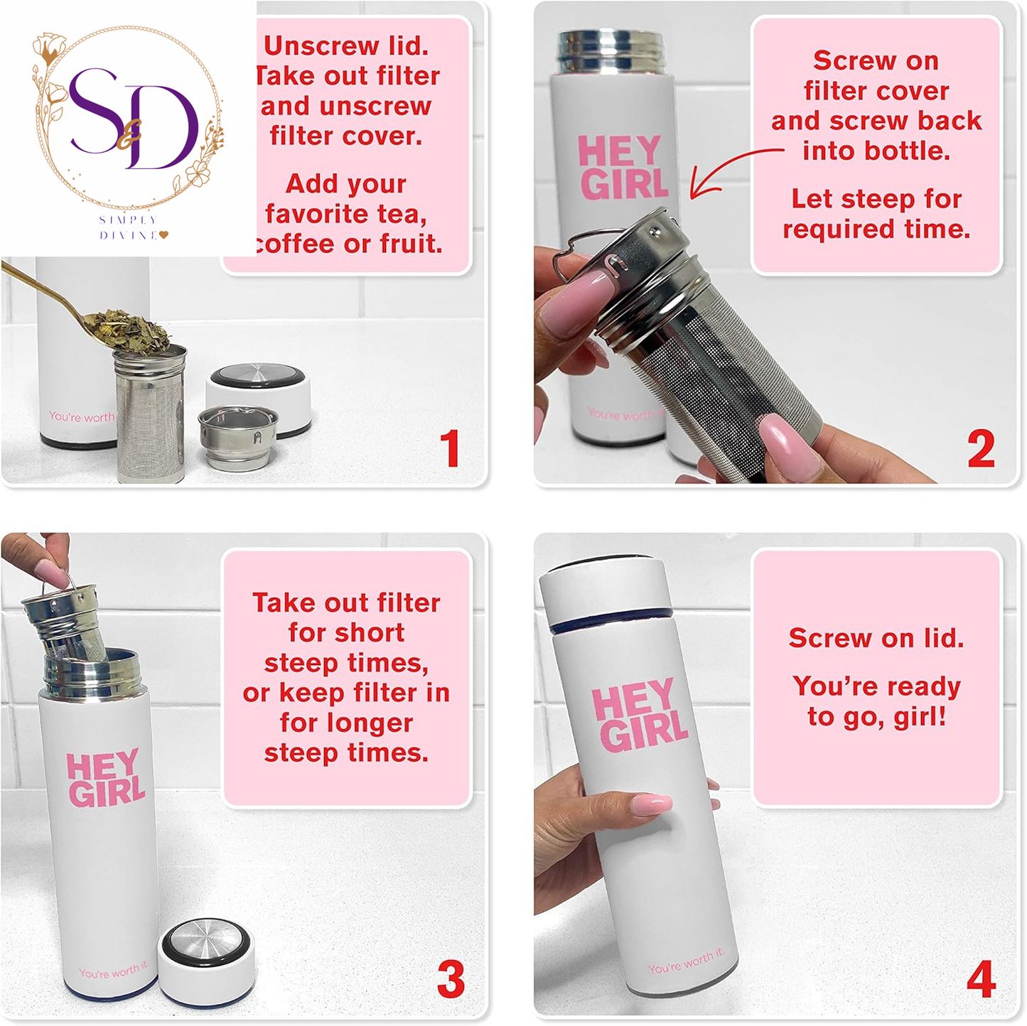 Hey Girl Tea Infuser Bottle 450Ml - Insulated Stainless Steel Water Bottle - Tea Tumbler with Tea Diffuser - Portable Travel Mug for Loose Leaf Tea & Infused Water - Tea Lovers Gifts for Women