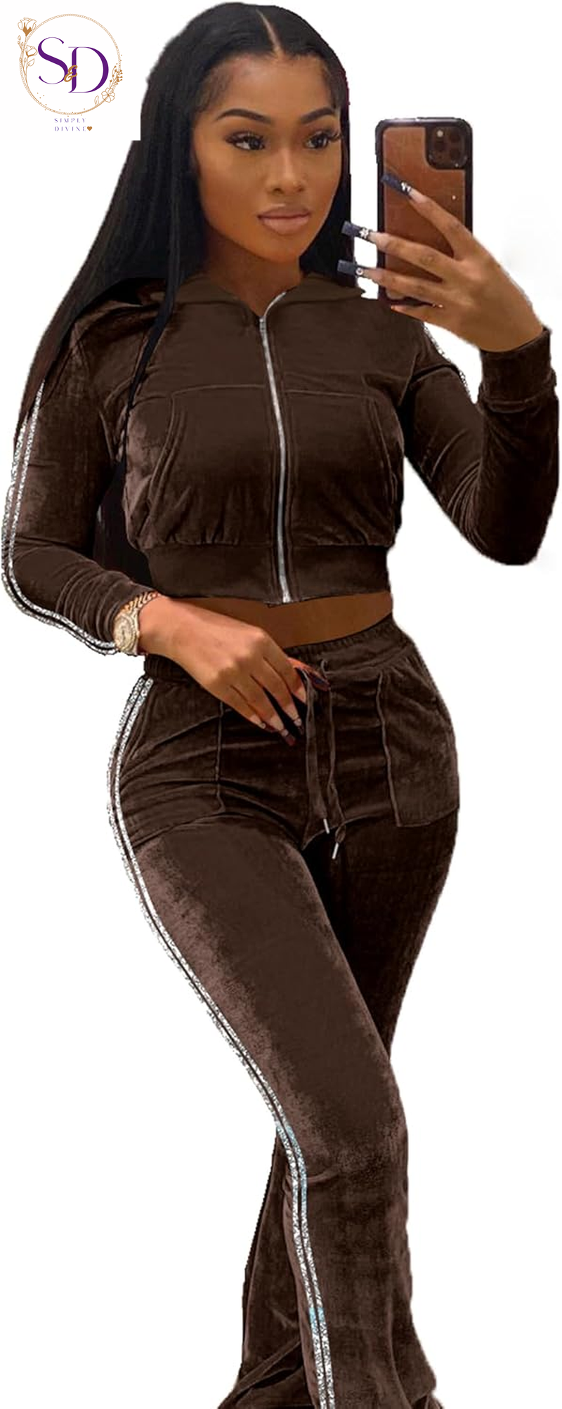 Yidengymx Women's Velour Tracksuit: Long Sleeve Hooded Zip Crop Top and Flared Pants Set
