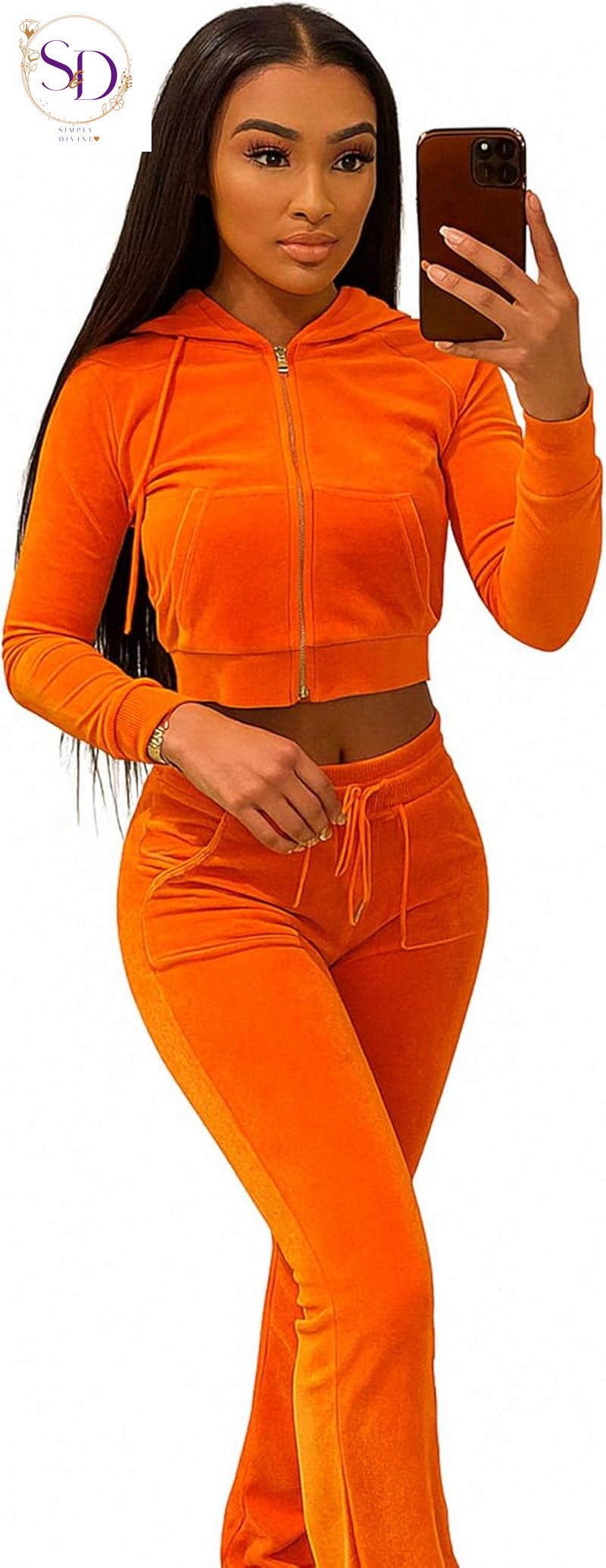 Yidengymx Women's Velour Tracksuit: Long Sleeve Hooded Zip Crop Top and Flared Pants Set