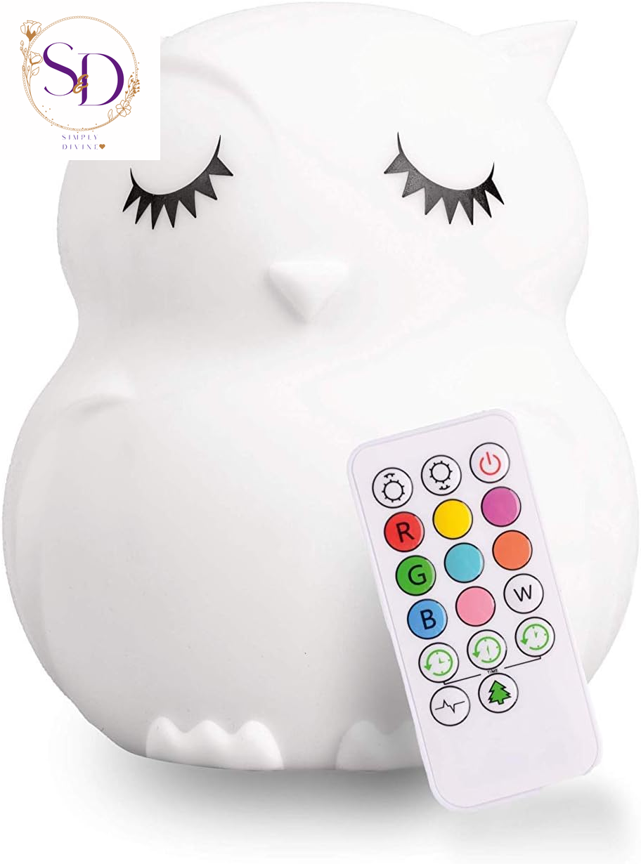 Lumipets Remote Control Silicone Night Light for Kids - Owl Design with 9 Soft Colors & Sleep Timer - Rechargeable, Battery-Operated Lamp for Bedroom | Baby Nursery, Toddler, Girls, Boys