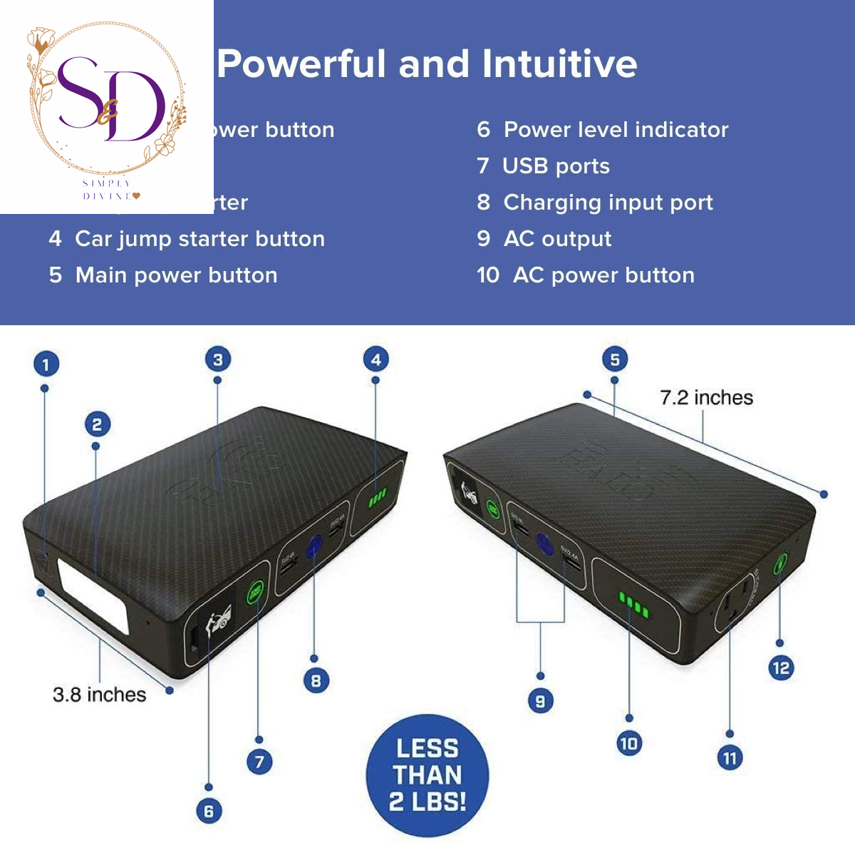 HALO Bolt Wireless Laptop Power Bank - 44400 Mwh Portable Phone Laptop Charger Car Jump Starter with AC Outlet and Car Charger, Blue Graphite