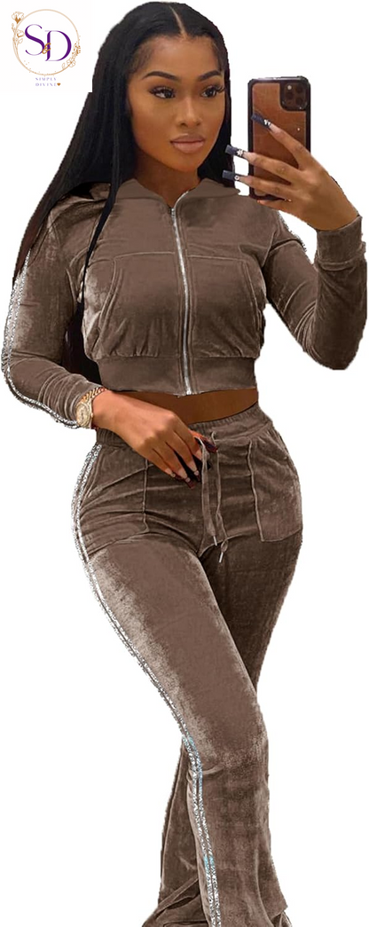Yidengymx Women's Velour Tracksuit: Long Sleeve Hooded Zip Crop Top and Flared Pants Set