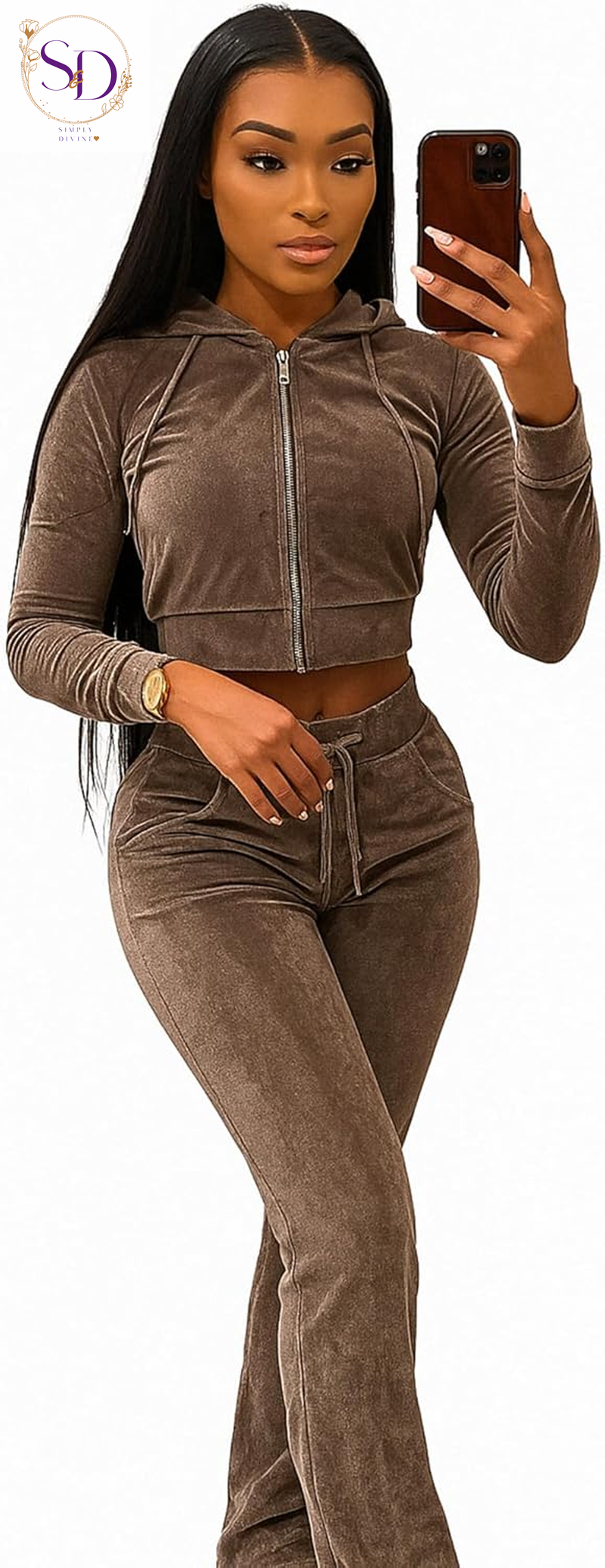 Yidengymx Women's Velour Tracksuit: Long Sleeve Hooded Zip Crop Top and Flared Pants Set