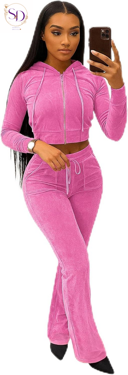 Yidengymx Women's Velour Tracksuit: Long Sleeve Hooded Zip Crop Top and Flared Pants Set