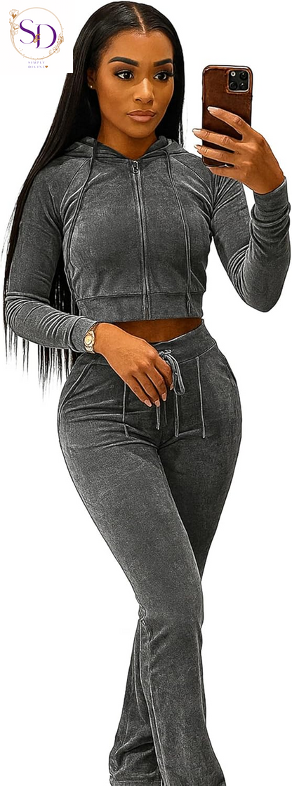 Yidengymx Women's Velour Tracksuit: Long Sleeve Hooded Zip Crop Top and Flared Pants Set