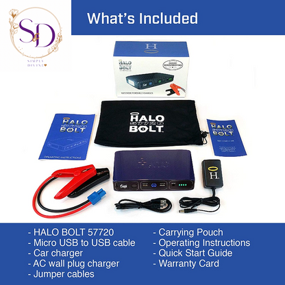 HALO Bolt Portable Car Jump Starter 57720 MWH Car Battery Jump Starter with 2 USB Ports to Charge Devices, Portable Car Charger - Silver, 123236