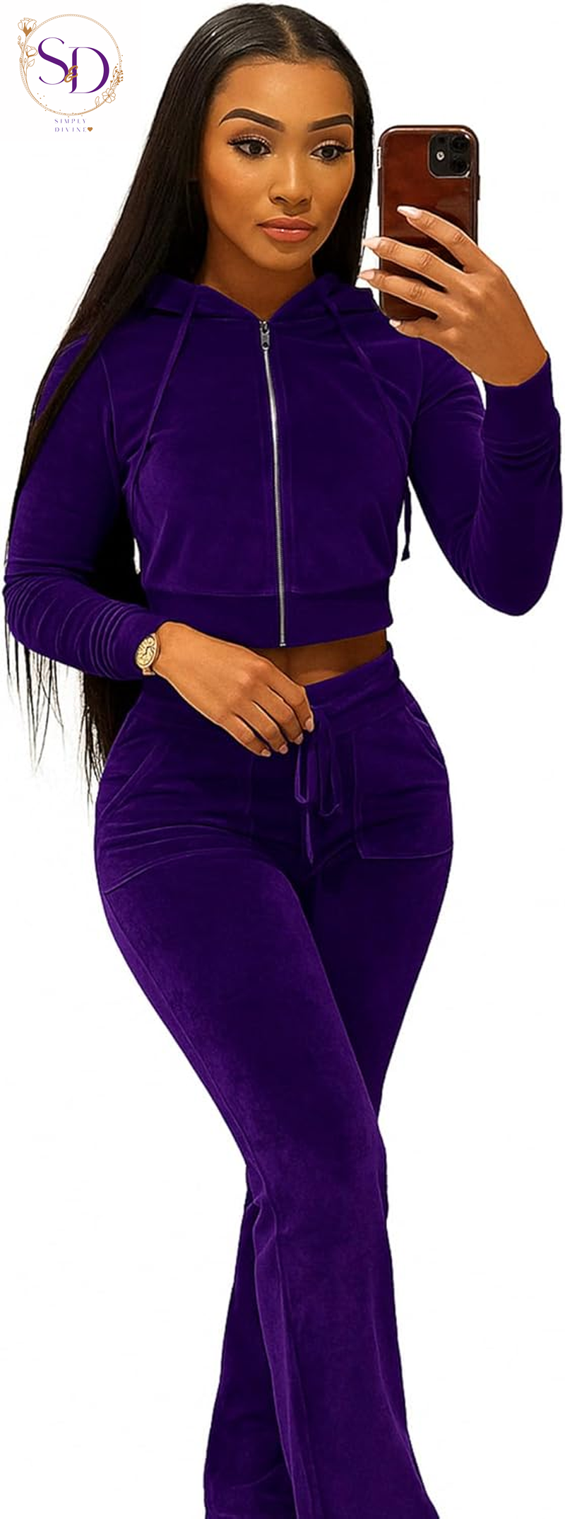 Yidengymx Women's Velour Tracksuit: Long Sleeve Hooded Zip Crop Top and Flared Pants Set