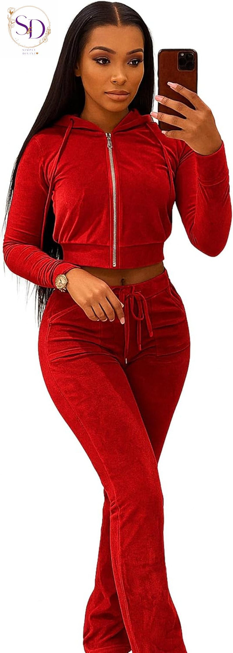 Yidengymx Women's Velour Tracksuit: Long Sleeve Hooded Zip Crop Top and Flared Pants Set