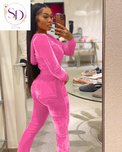 Yidengymx Women's Velour Tracksuit: Long Sleeve Hooded Zip Crop Top and Flared Pants Set