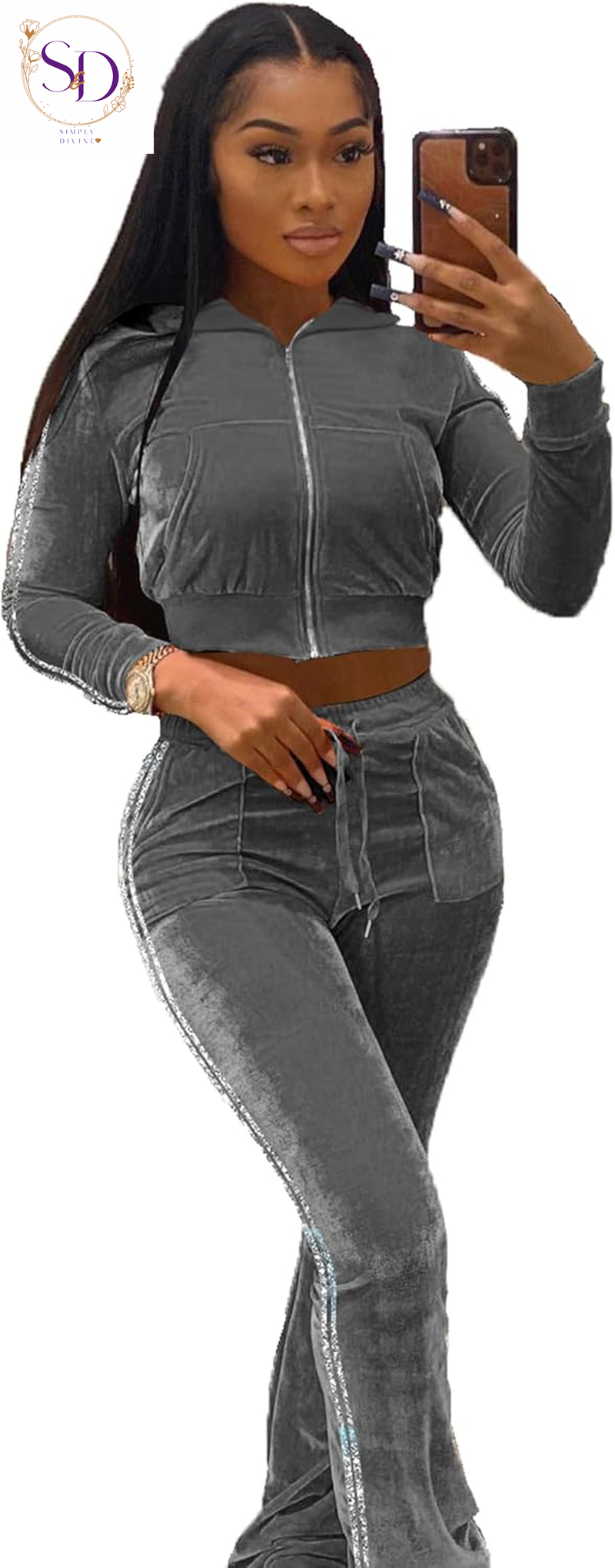 Yidengymx Women's Velour Tracksuit: Long Sleeve Hooded Zip Crop Top and Flared Pants Set