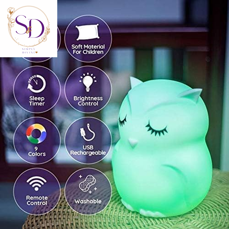 Lumipets Remote Control Silicone Night Light for Kids - Owl Design with 9 Soft Colors & Sleep Timer - Rechargeable, Battery-Operated Lamp for Bedroom | Baby Nursery, Toddler, Girls, Boys