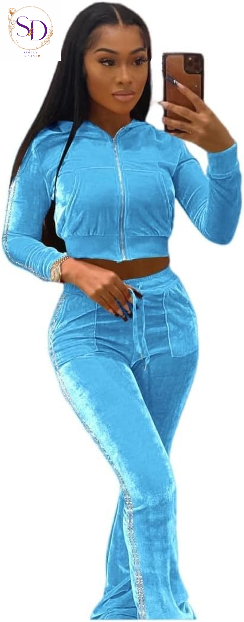 Yidengymx Women's Velour Tracksuit: Long Sleeve Hooded Zip Crop Top and Flared Pants Set