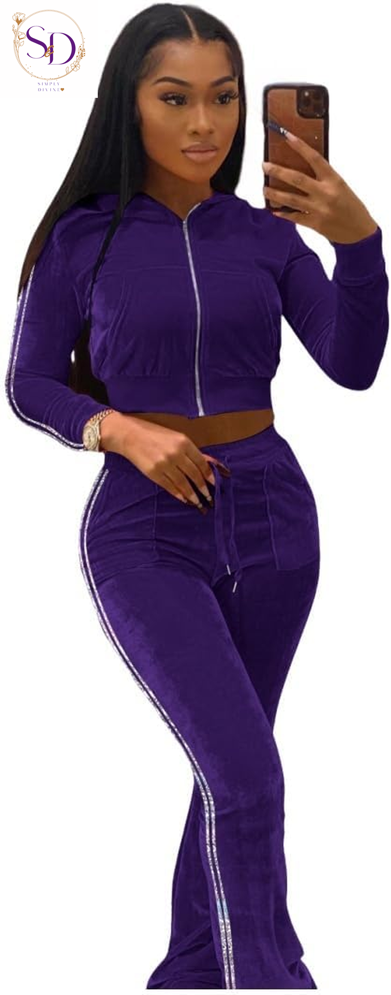 Yidengymx Women's Velour Tracksuit: Long Sleeve Hooded Zip Crop Top and Flared Pants Set