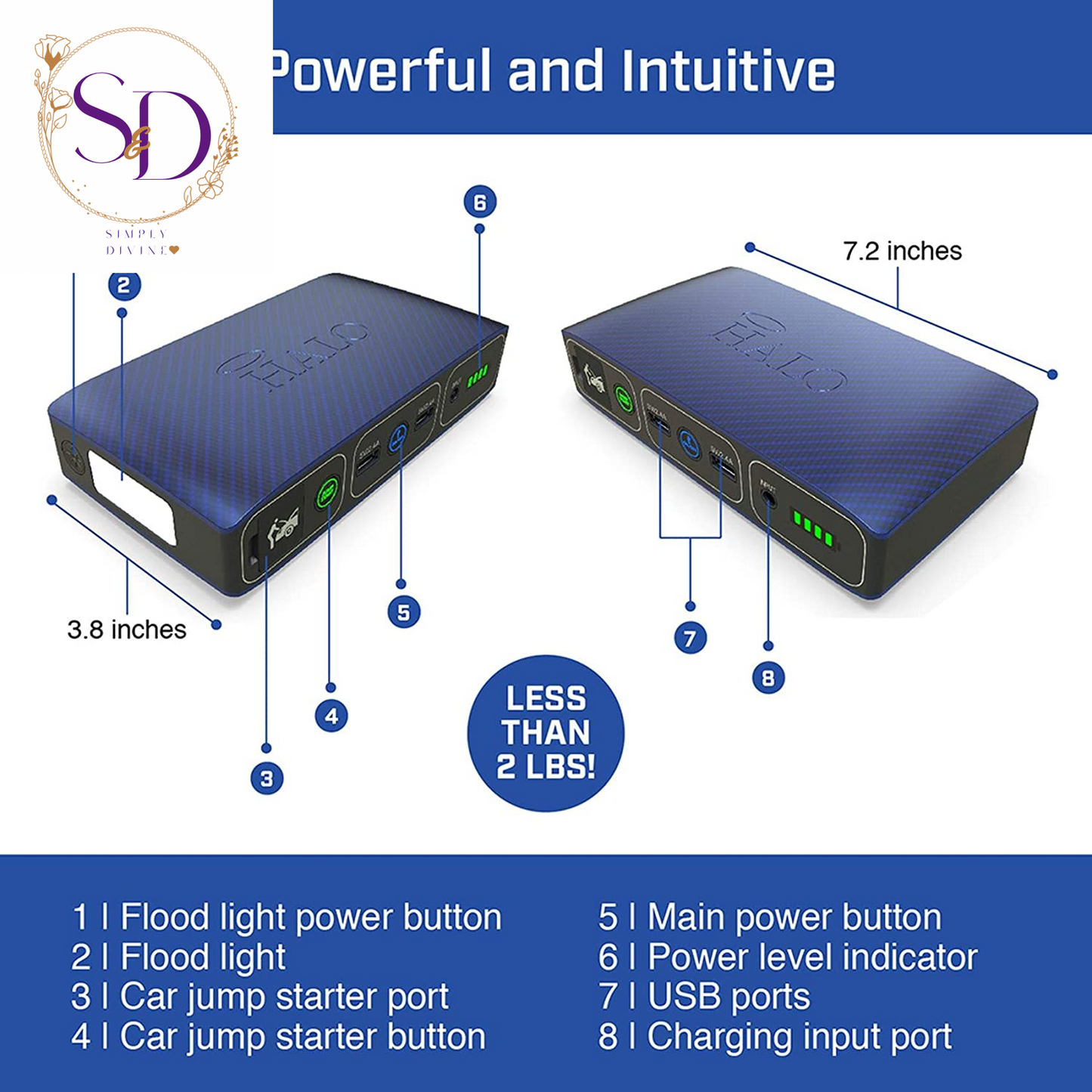 HALO Bolt Portable Car Jump Starter 57720 MWH Car Battery Jump Starter with 2 USB Ports to Charge Devices, Portable Car Charger - Silver, 123236