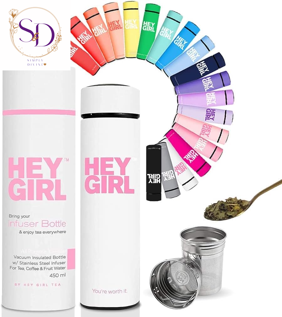 Hey Girl Tea Infuser Bottle 450Ml - Insulated Stainless Steel Water Bottle - Tea Tumbler with Tea Diffuser - Portable Travel Mug for Loose Leaf Tea & Infused Water - Tea Lovers Gifts for Women