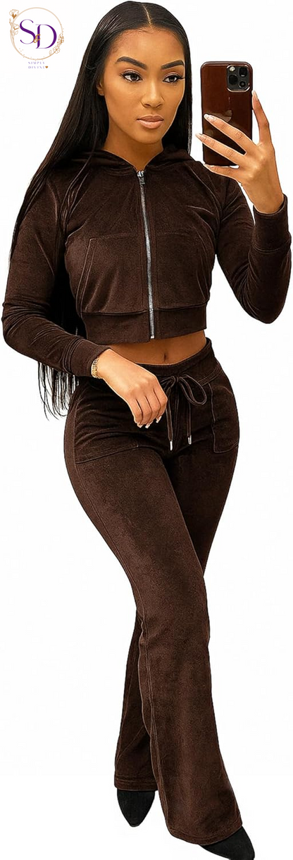Yidengymx Women's Velour Tracksuit: Long Sleeve Hooded Zip Crop Top and Flared Pants Set