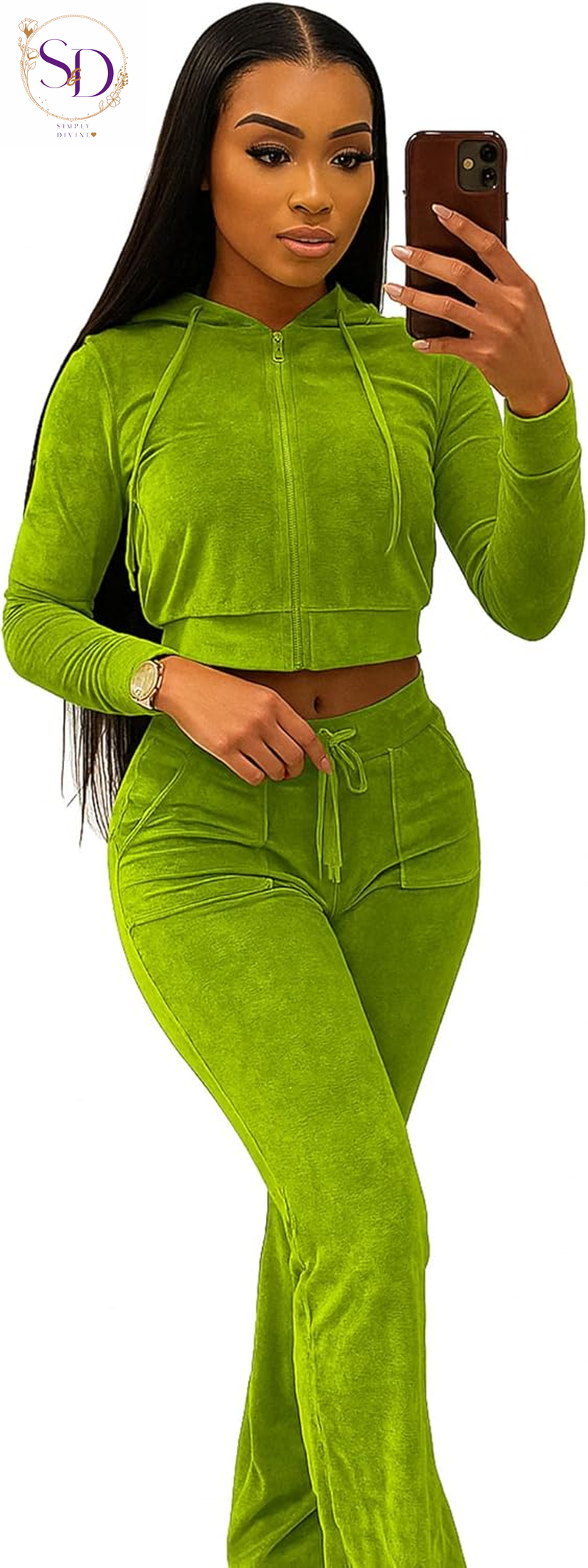 Yidengymx Women's Velour Tracksuit: Long Sleeve Hooded Zip Crop Top and Flared Pants Set